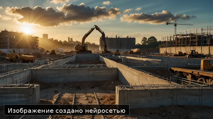 Строительство фундамента из бетона с металлической арматурой на стройплощадке